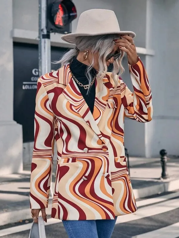 CM-CS428830 Women Elegant Seoul Style Allover Print Double Breasted Blazer