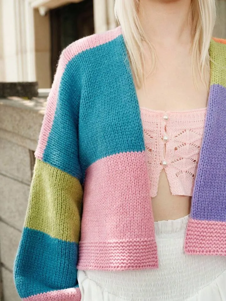 CM-CS713799 Women Casual Seoul Style Contrast Color Chunky Knit Cardigan Sweater