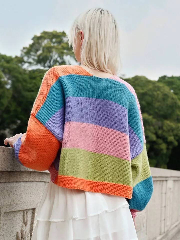 CM-CS713799 Women Casual Seoul Style Contrast Color Chunky Knit Cardigan Sweater