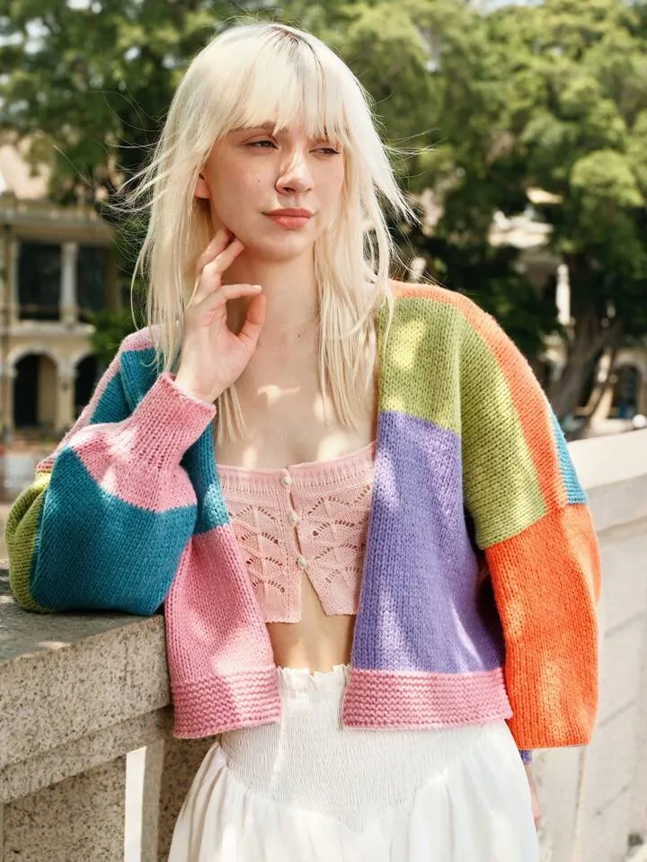 CM-CS713799 Women Casual Seoul Style Contrast Color Chunky Knit Cardigan Sweater