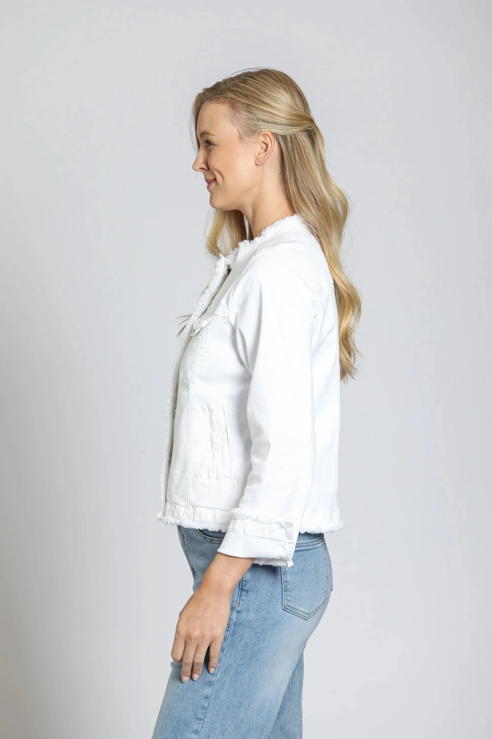Collarless Jean Jacket with Frayed Detail
