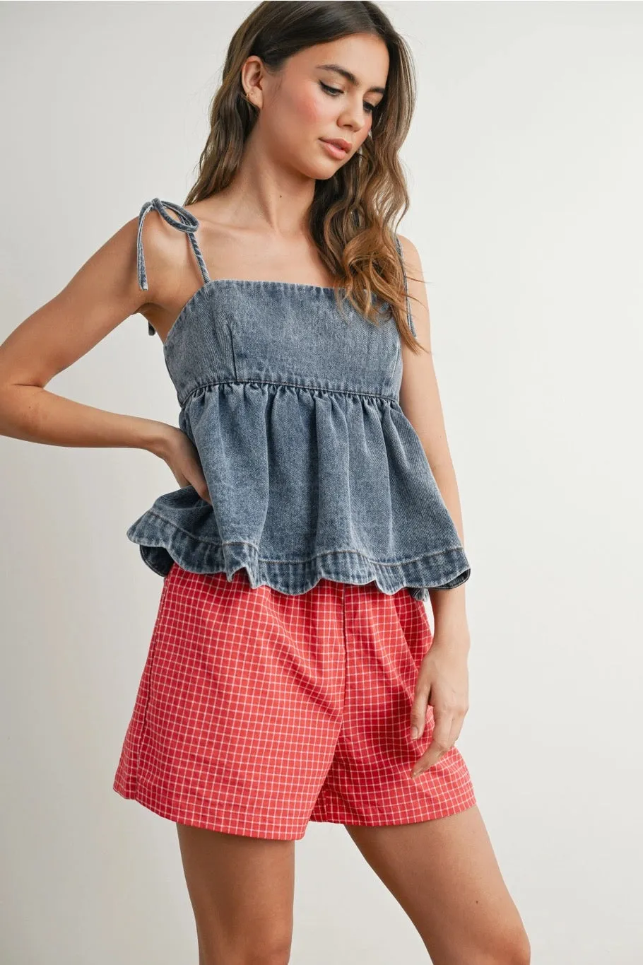 Denim Tie-Strap Peplum Top