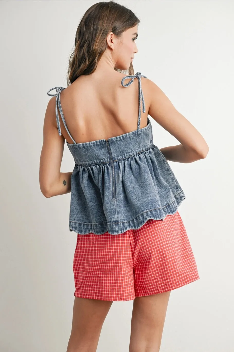 Denim Tie-Strap Peplum Top