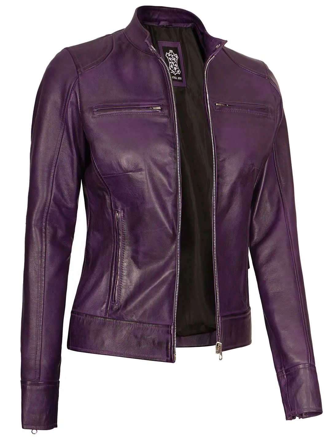 Dodge Women Biker Purple Leather Jacket