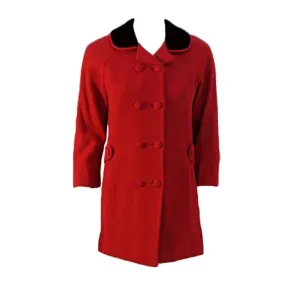 DON LOPER 1950s Red Wool Coat with Black Velvet Collar