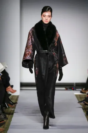 DYED FLORAL JACQUARD WOOL BLACK SABLE COAT