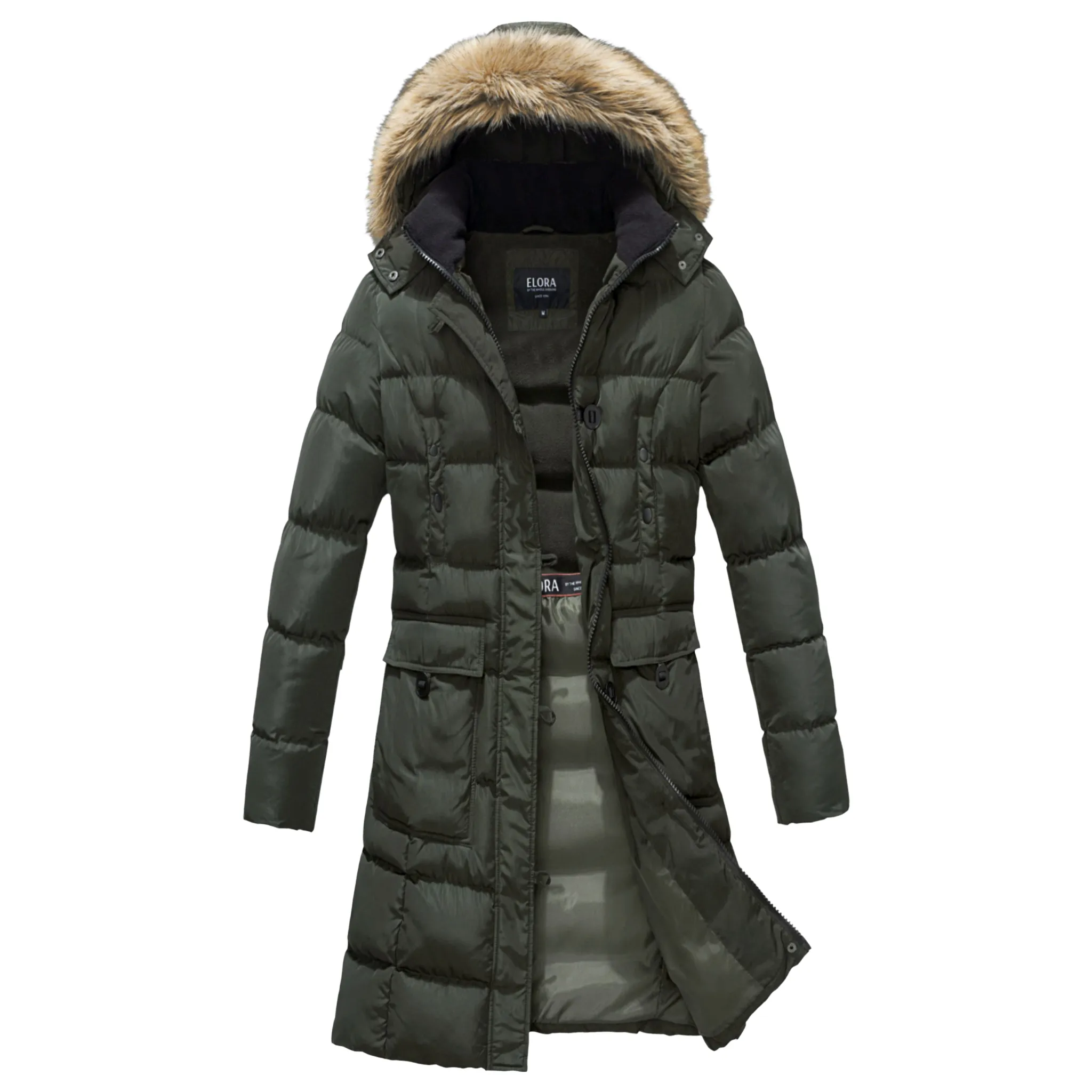 ELORA Women's Winter Vegan Down Puffer Parka Mid-Length Cargo Coat