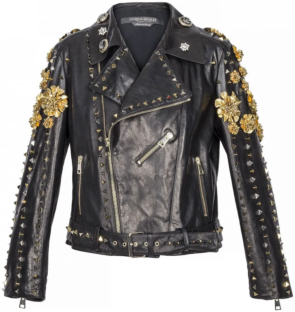 FAUSTO PUGLISI X MARINA RINALDI Women's Black Leather Jacket 12W / 21 $12650 NWT