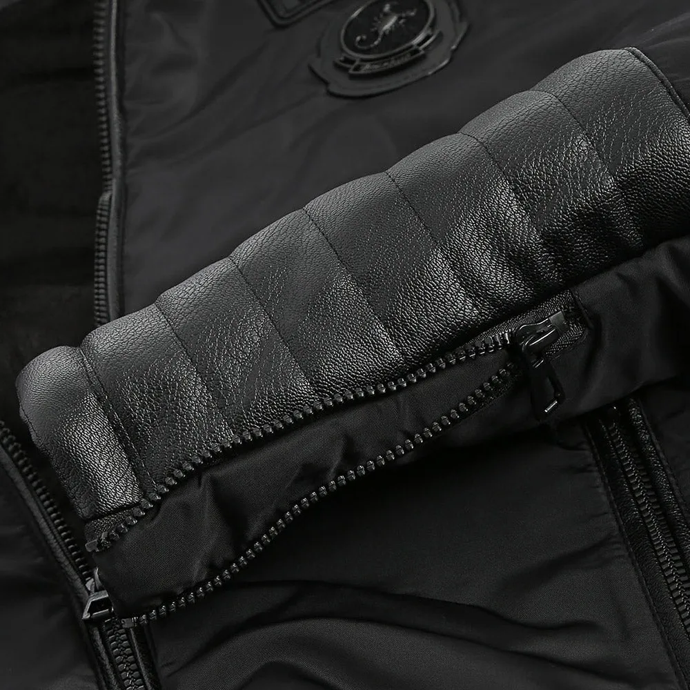 Faux Fur Applique Hoodie PU Parka Coat