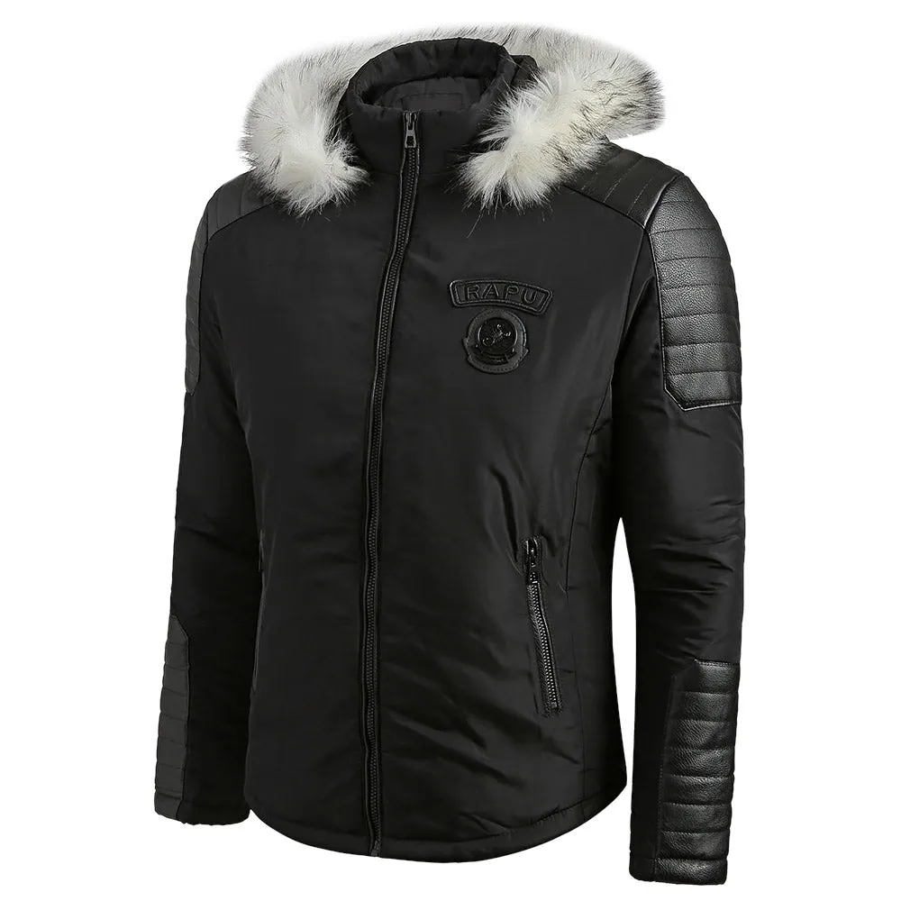 Faux Fur Applique Hoodie PU Parka Coat