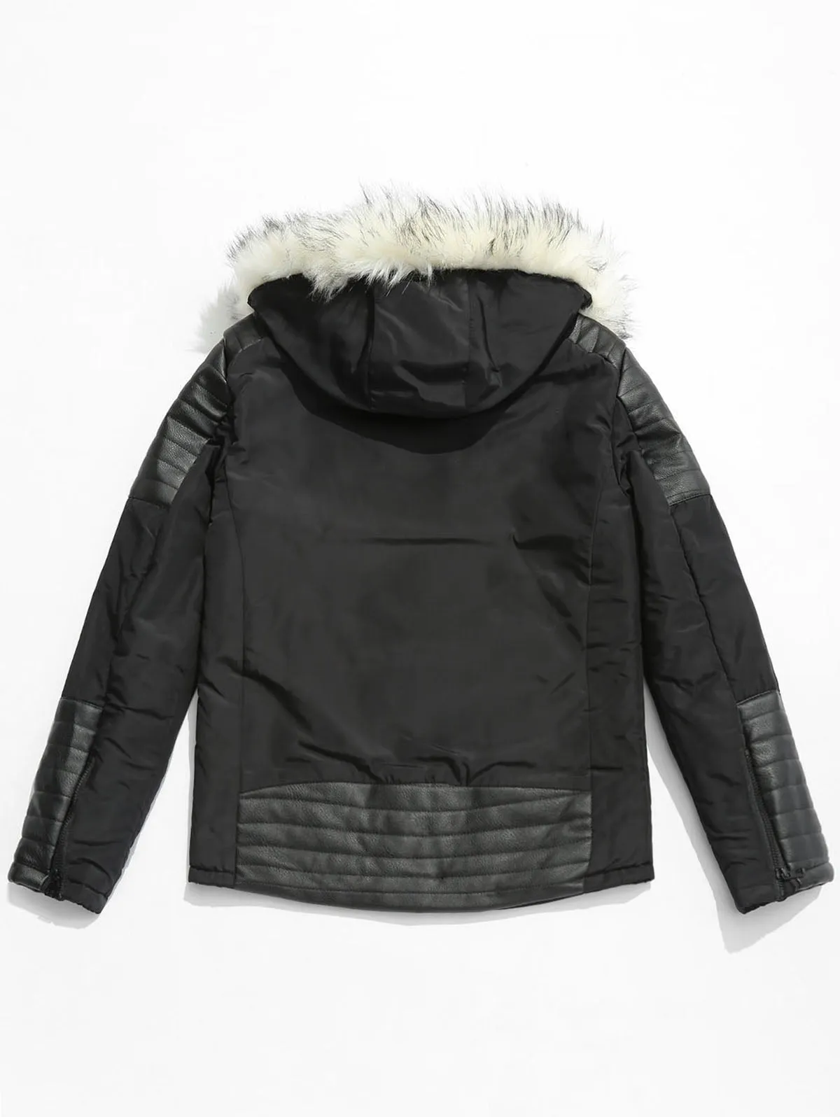 Faux Fur Applique Hoodie PU Parka Coat