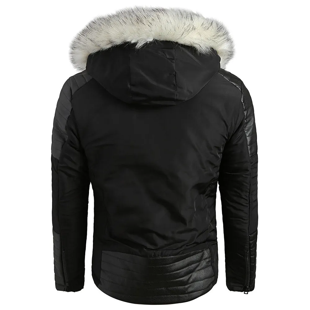 Faux Fur Applique Hoodie PU Parka Coat