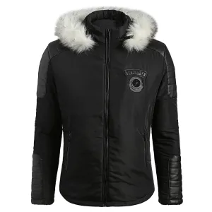 Faux Fur Applique Hoodie PU Parka Coat