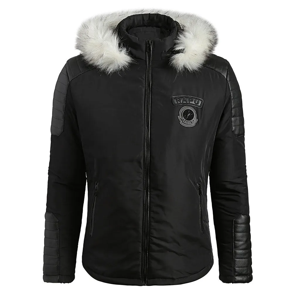 Faux Fur Applique Hoodie PU Parka Coat