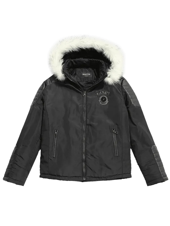 Faux Fur Applique Hoodie PU Parka Coat
