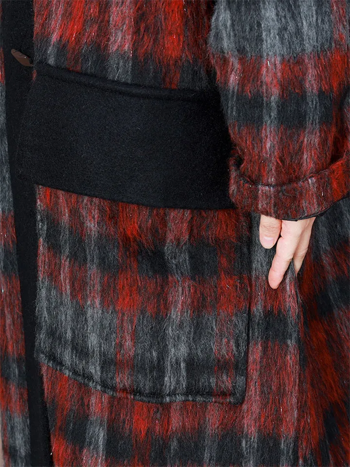 Female Plaid Patchwork Hooded Fake Two Piece Wool Blend Coat