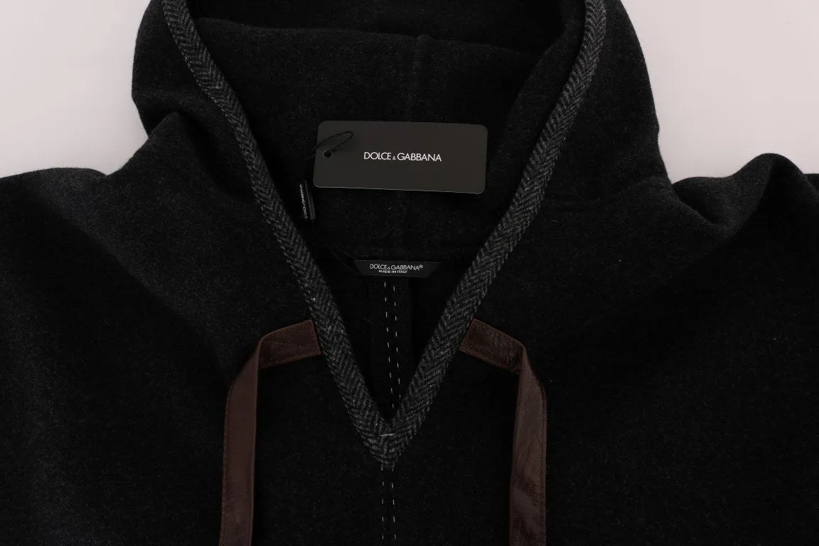 Gray Wool Cashmere Leather Hooded Poncho