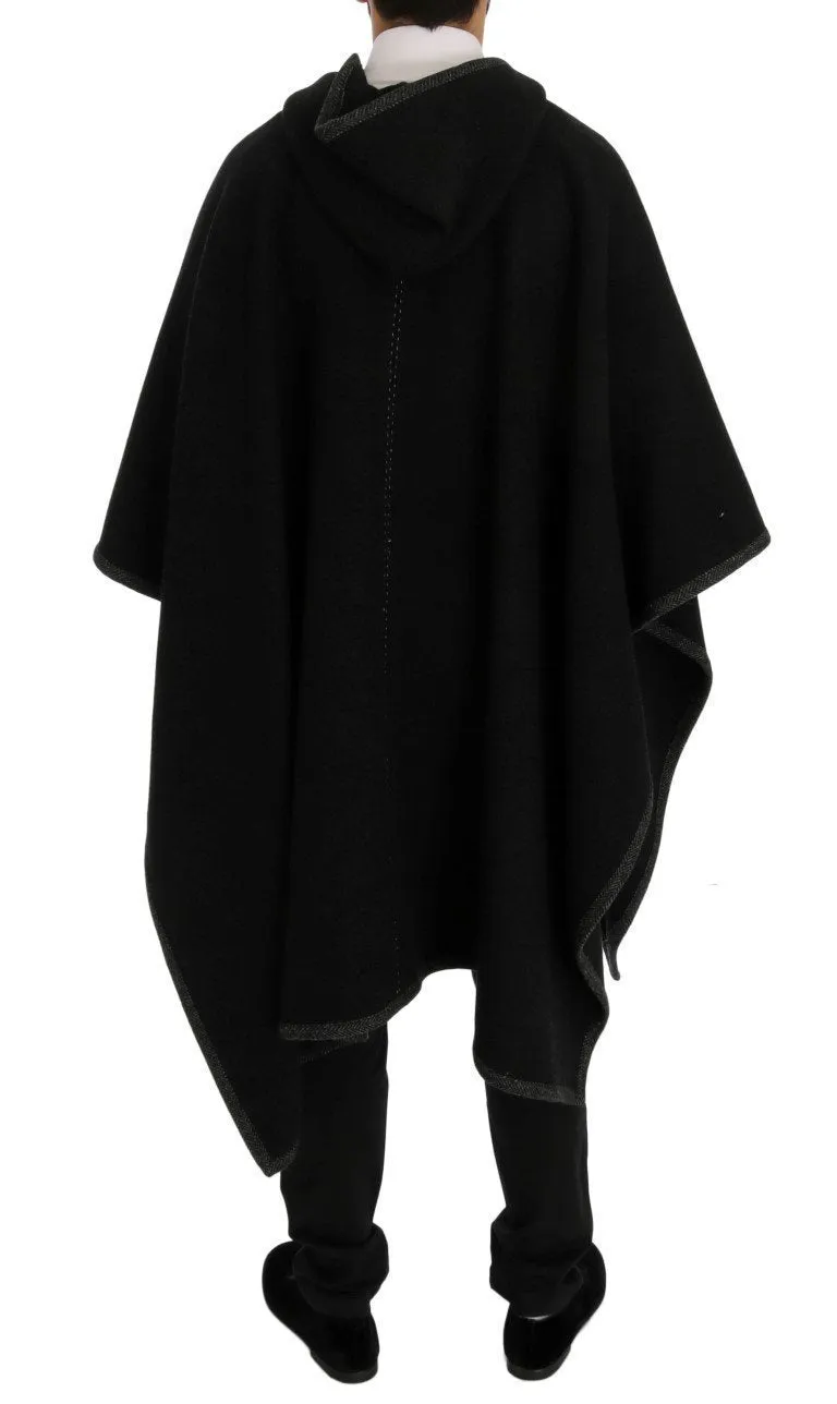 Gray Wool Cashmere Leather Hooded Poncho
