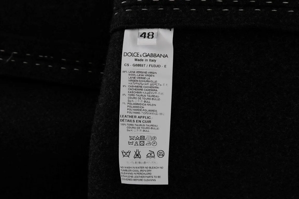 Gray Wool Cashmere Leather Hooded Poncho