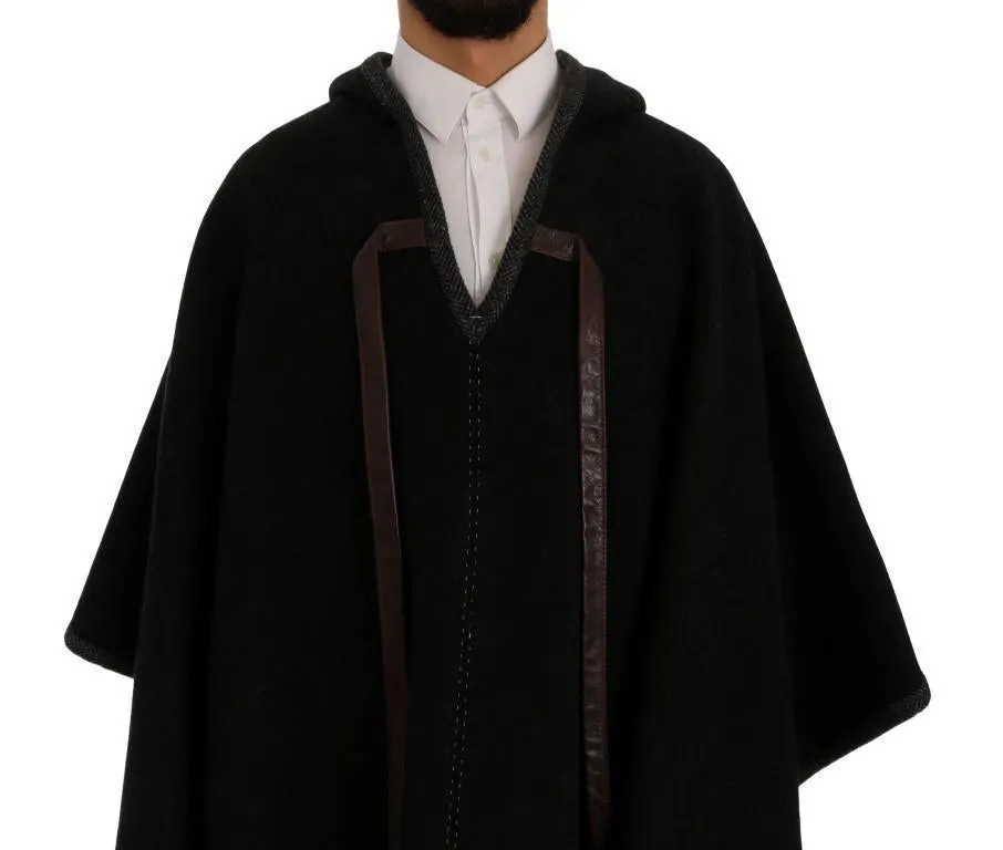 Gray Wool Cashmere Leather Hooded Poncho