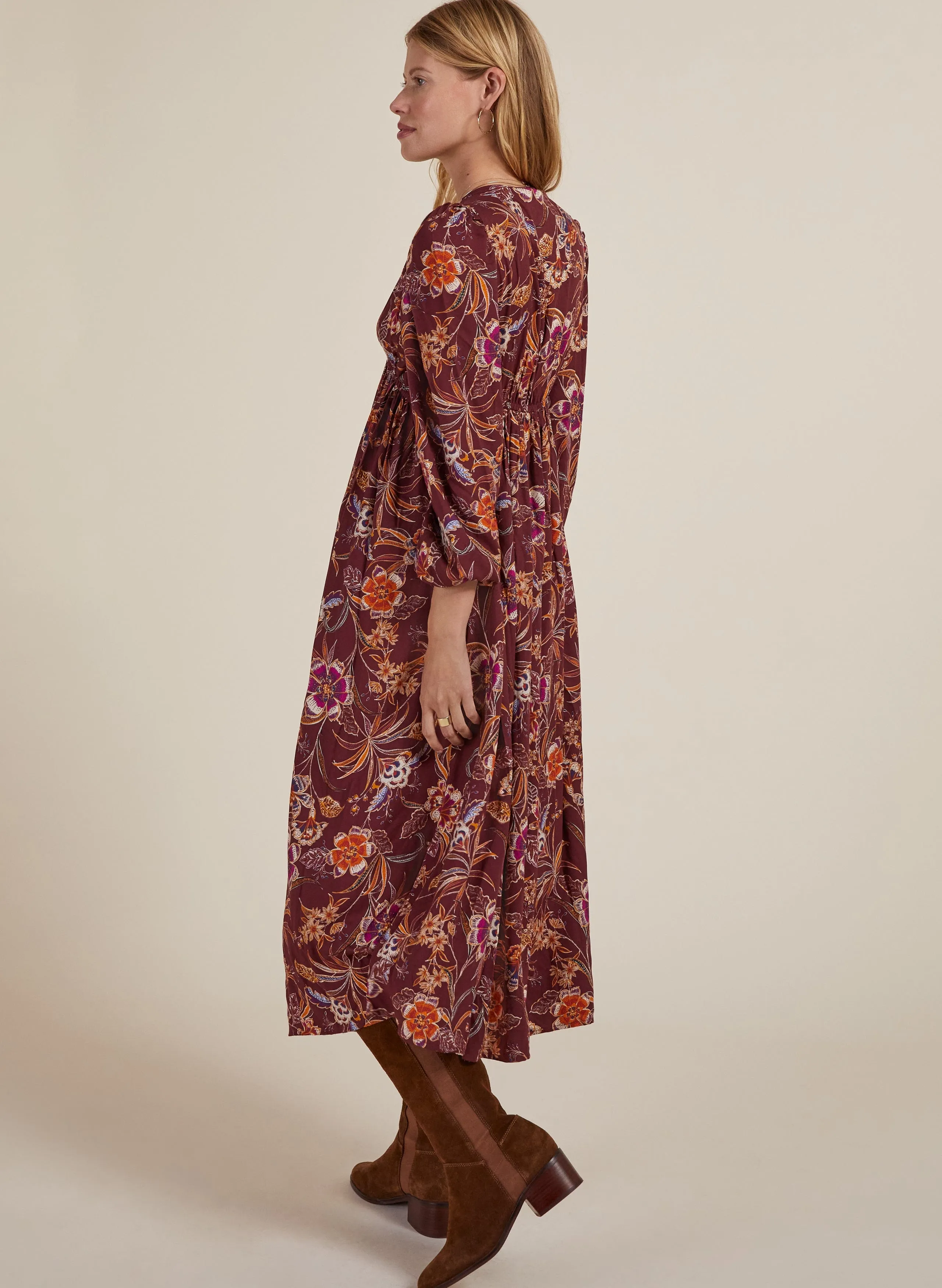 Gwyneth LENZING™ ECOVERO™ V-Neck Midi Dress | Garnet Woodland Print