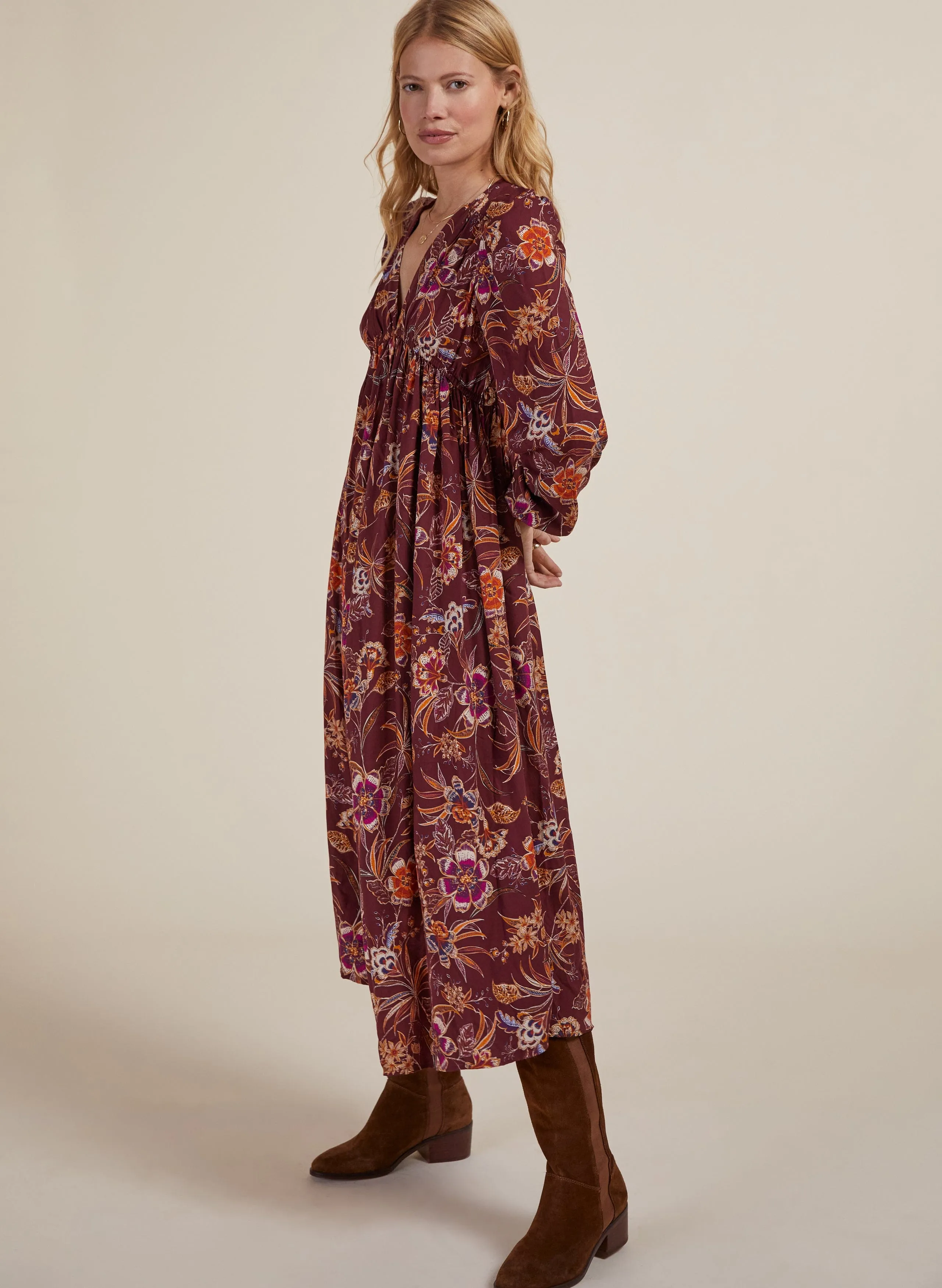 Gwyneth LENZING™ ECOVERO™ V-Neck Midi Dress | Garnet Woodland Print