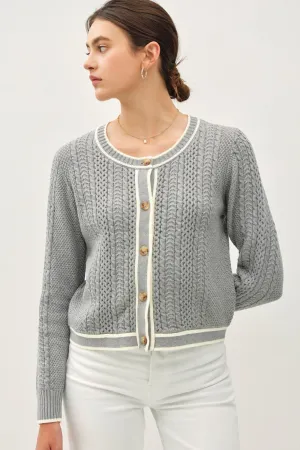 Hazel Blues® |  Be Cool Cable Knit Long Sleeve Contrast Edge Cardigan