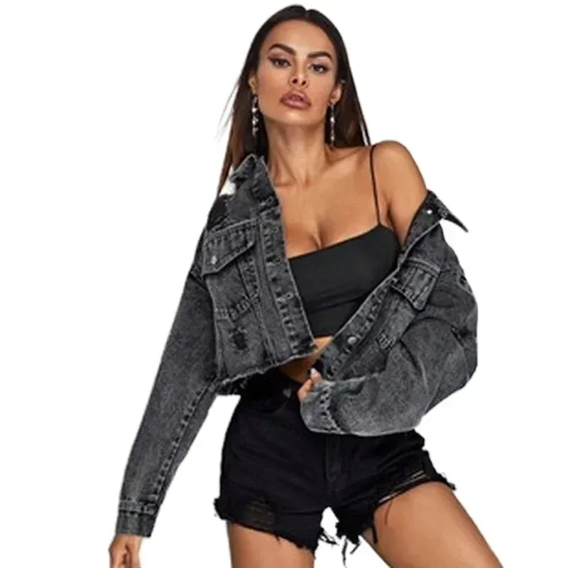 Hollow-Out Denim Bomber Jacket for Women