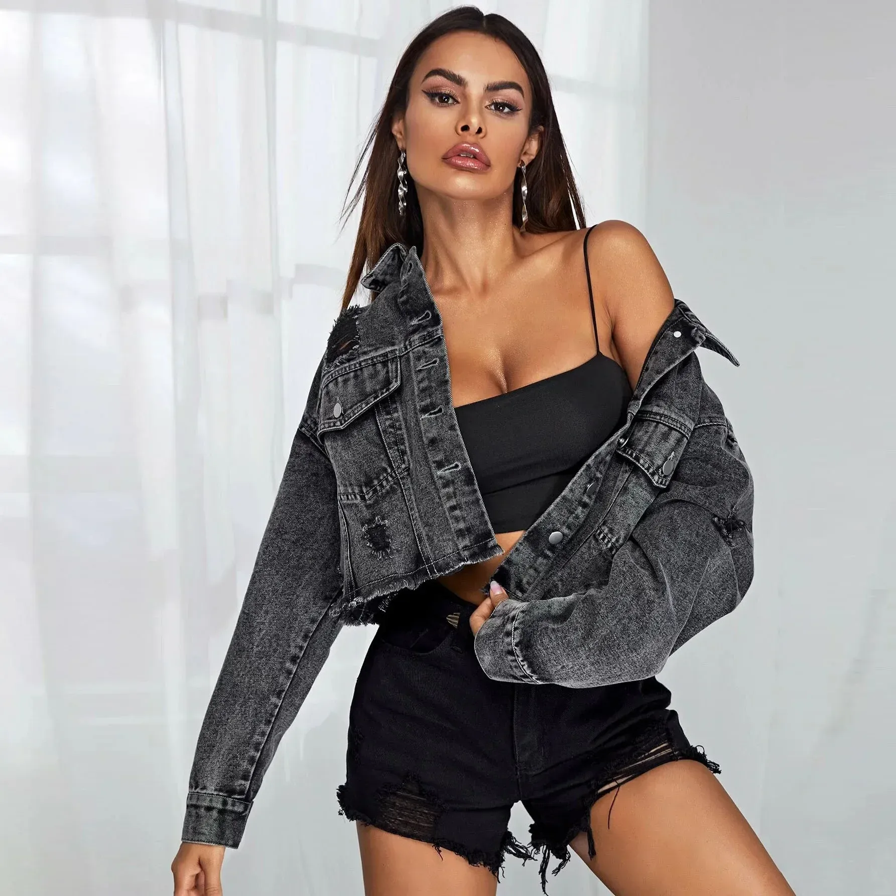 Hollow-Out Denim Bomber Jacket for Women
