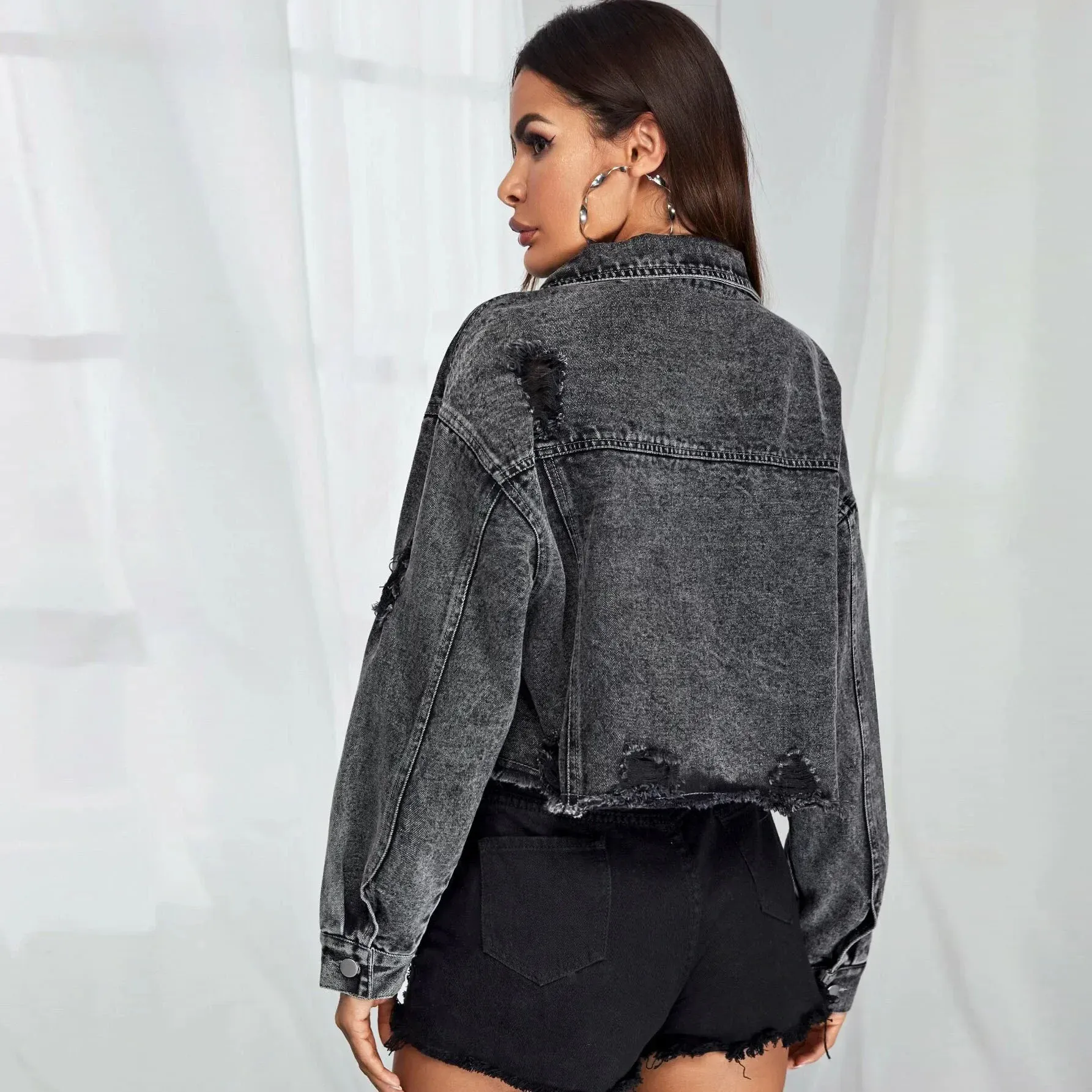Hollow-Out Denim Bomber Jacket for Women