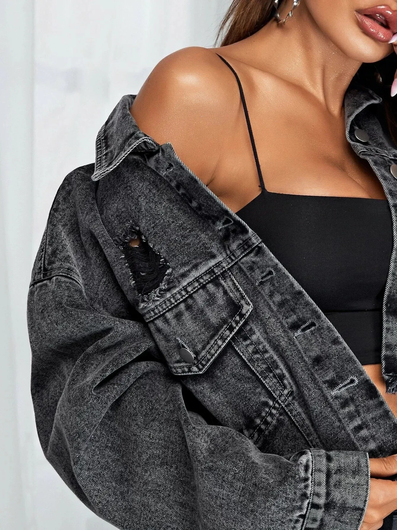 Hollow-Out Denim Bomber Jacket for Women