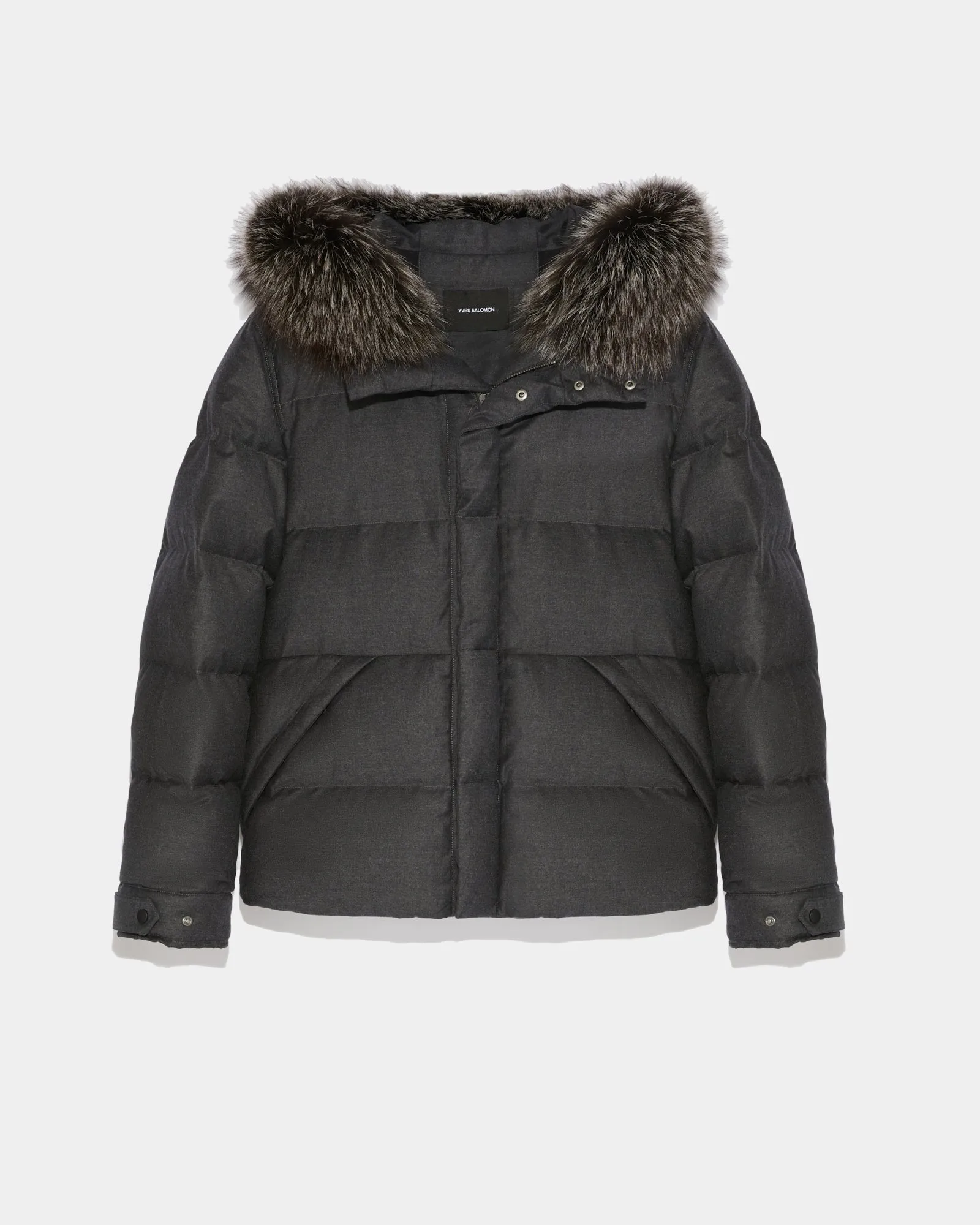Hooded Down Jacket made with waterproof Loro Piana fabric and fox fur trim