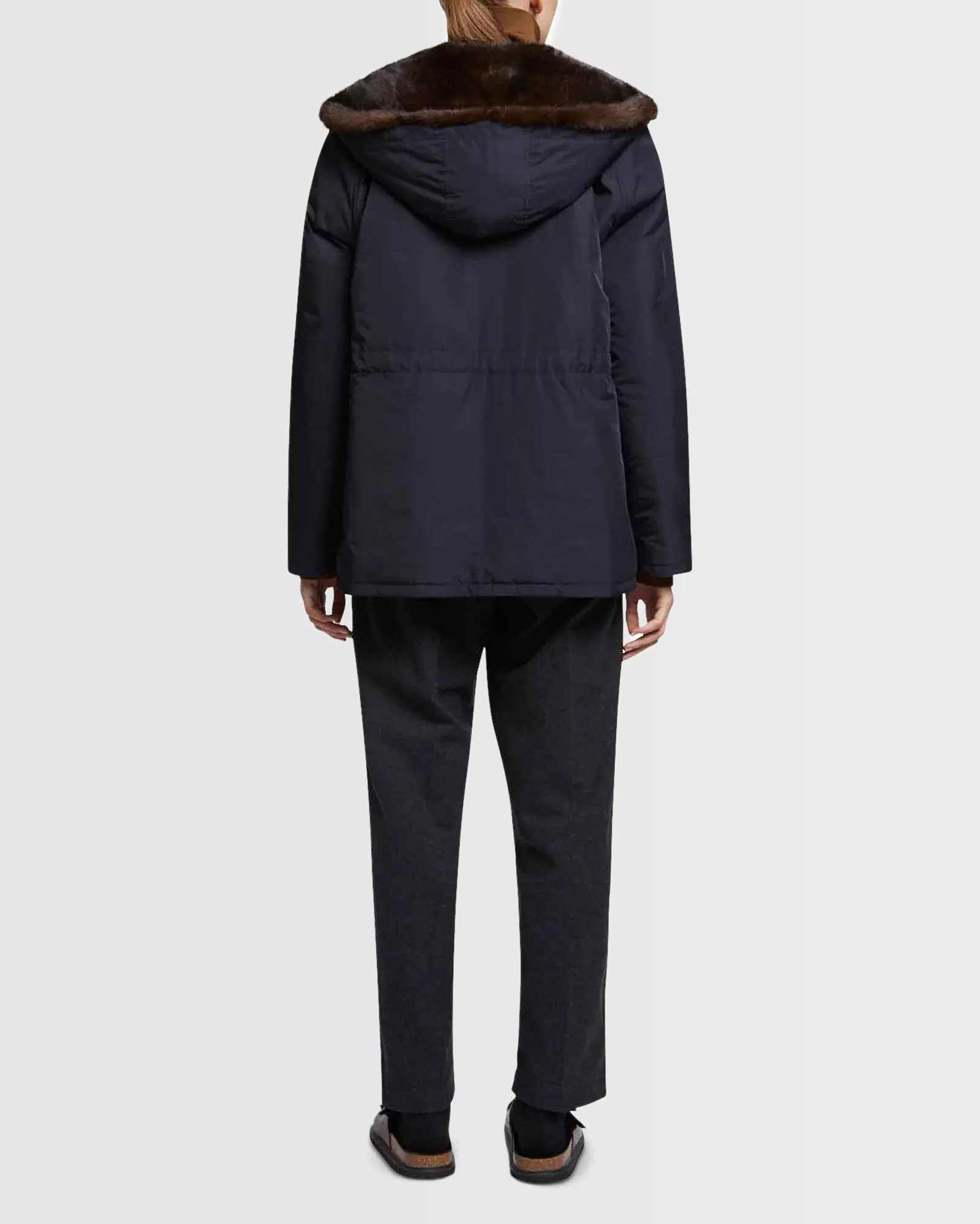 Hooded parka in mink fur reversible technical fabric