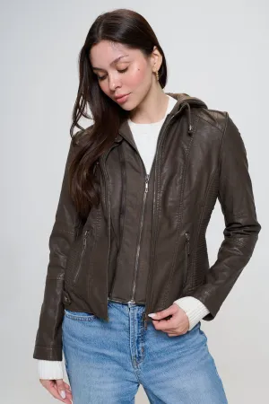 Hooded Vegan Leather Jacket - Coffee