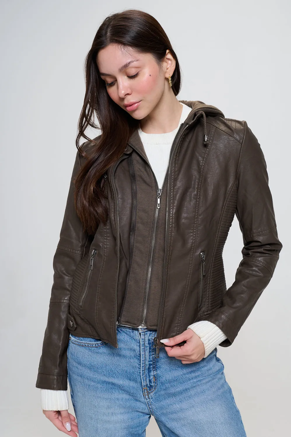 Hooded Vegan Leather Jacket - Coffee