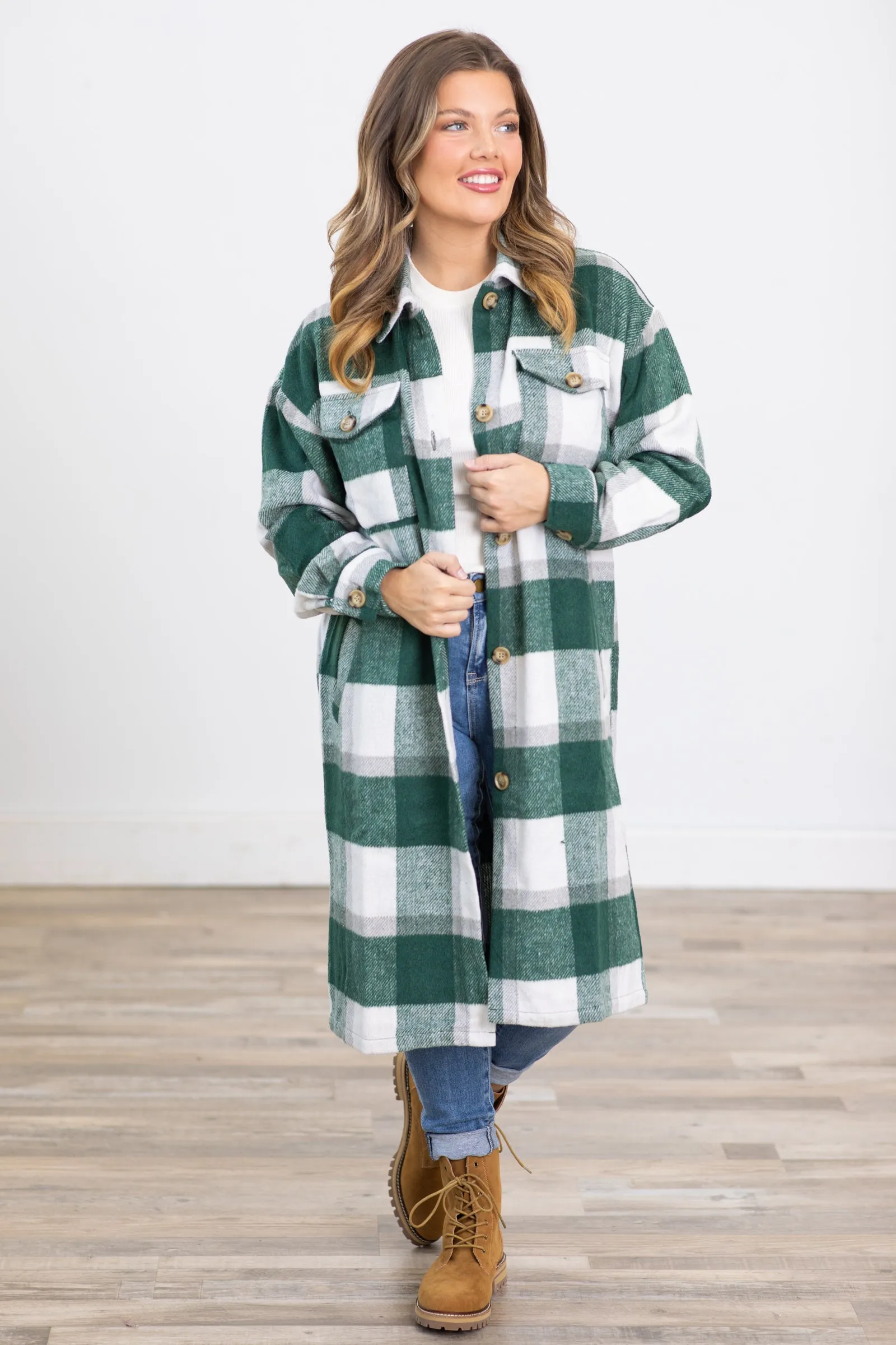 Hunter Green and Off White Long Plaid Shacket