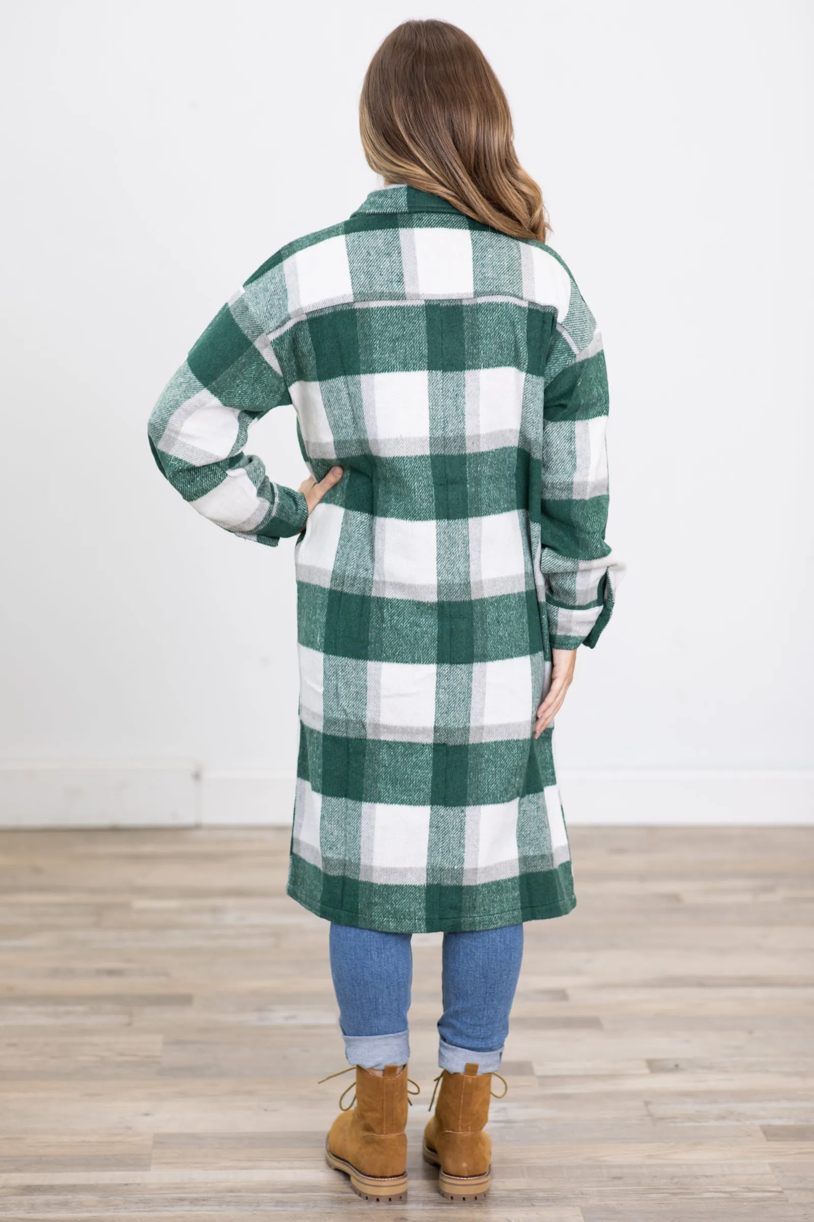Hunter Green and Off White Long Plaid Shacket