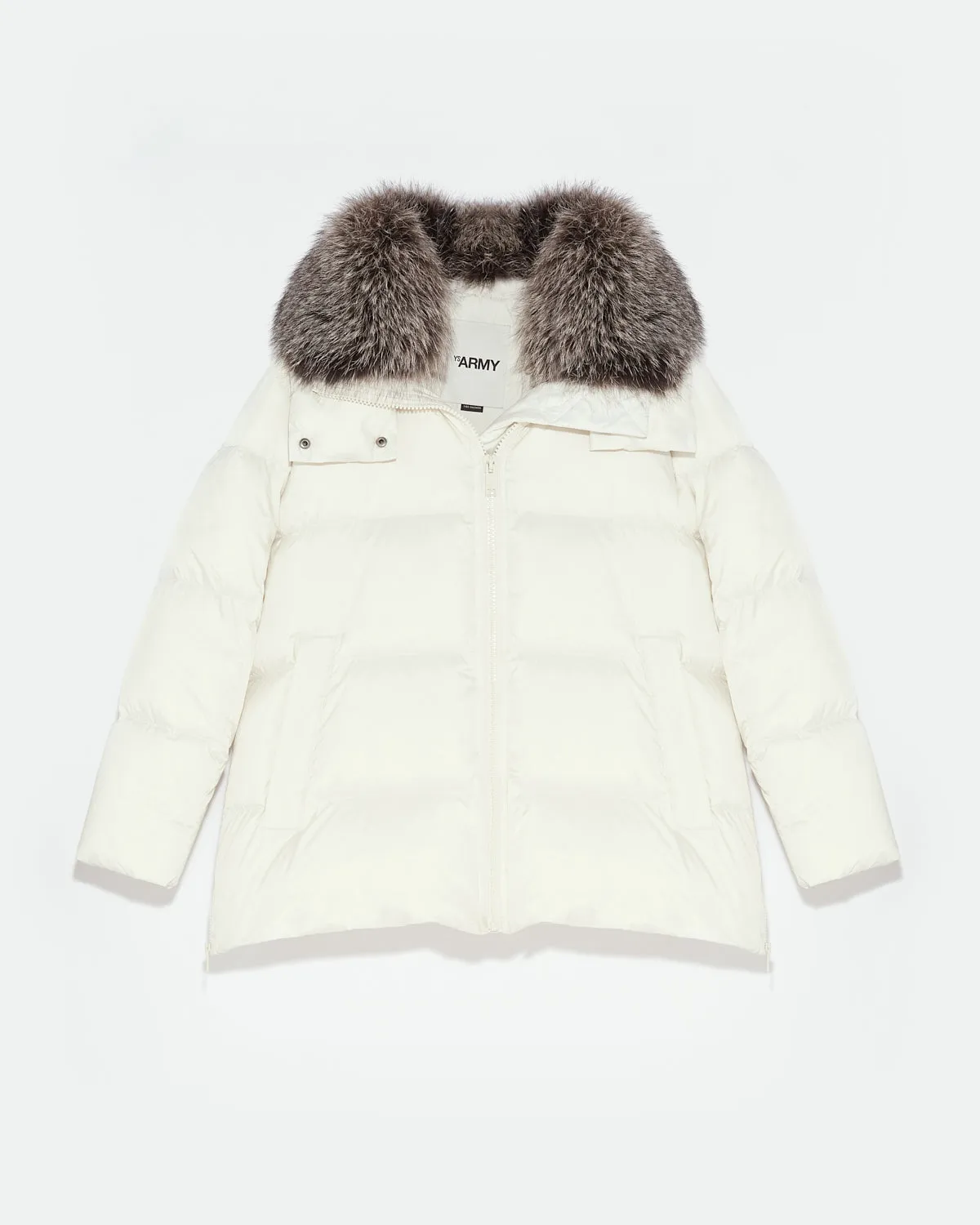 Iconic "A" line down jacket with fox fur collar