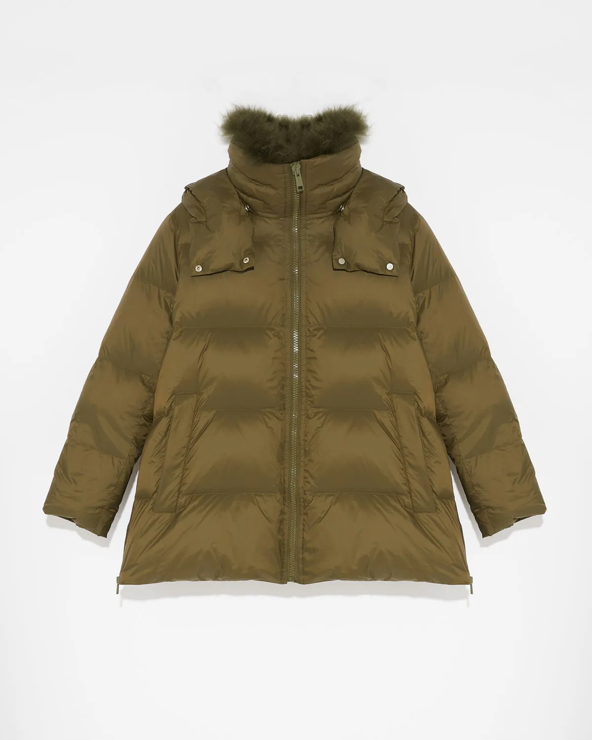 Iconic "A" line down jacket with lambswool collar