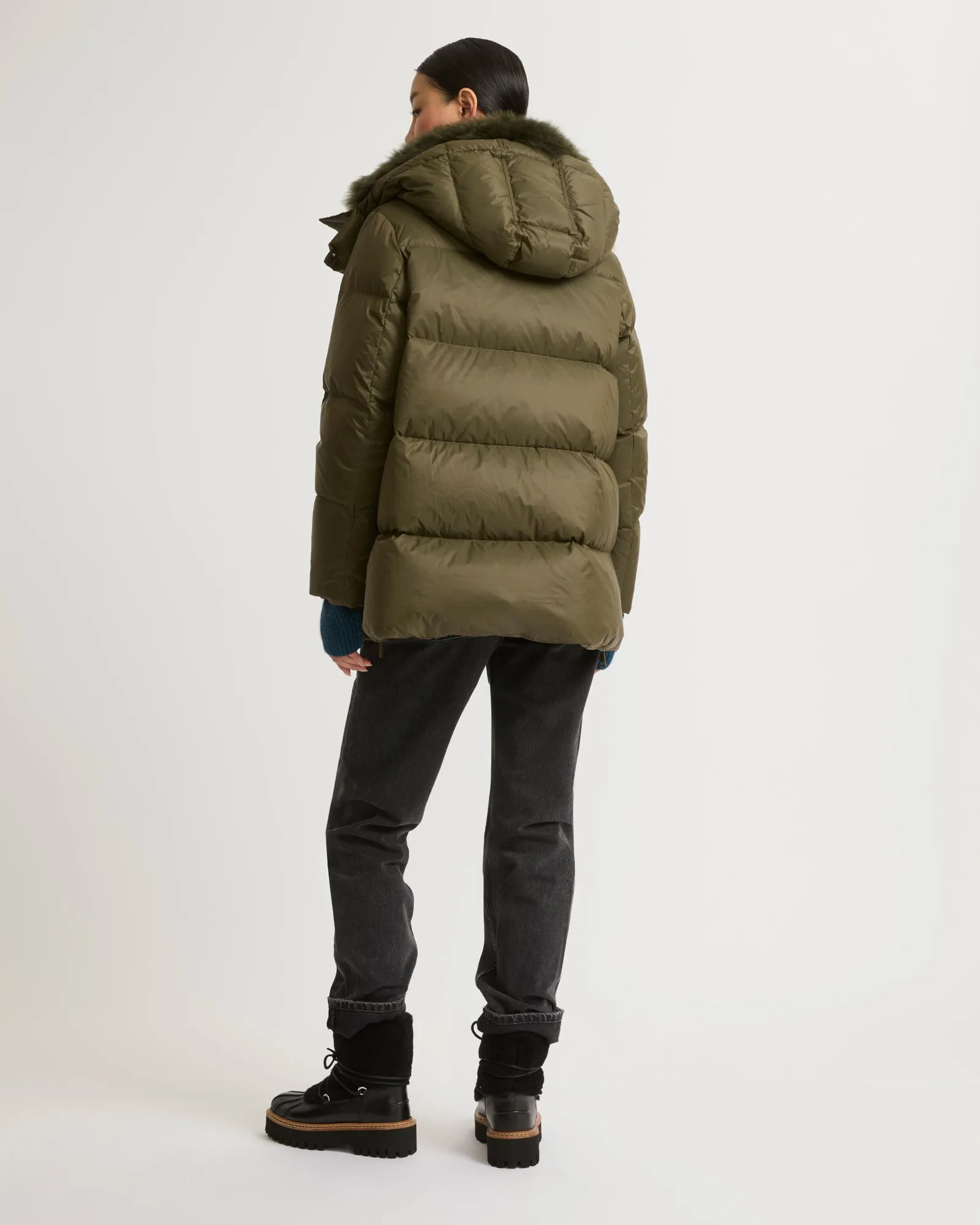 Iconic "A" line down jacket with lambswool collar