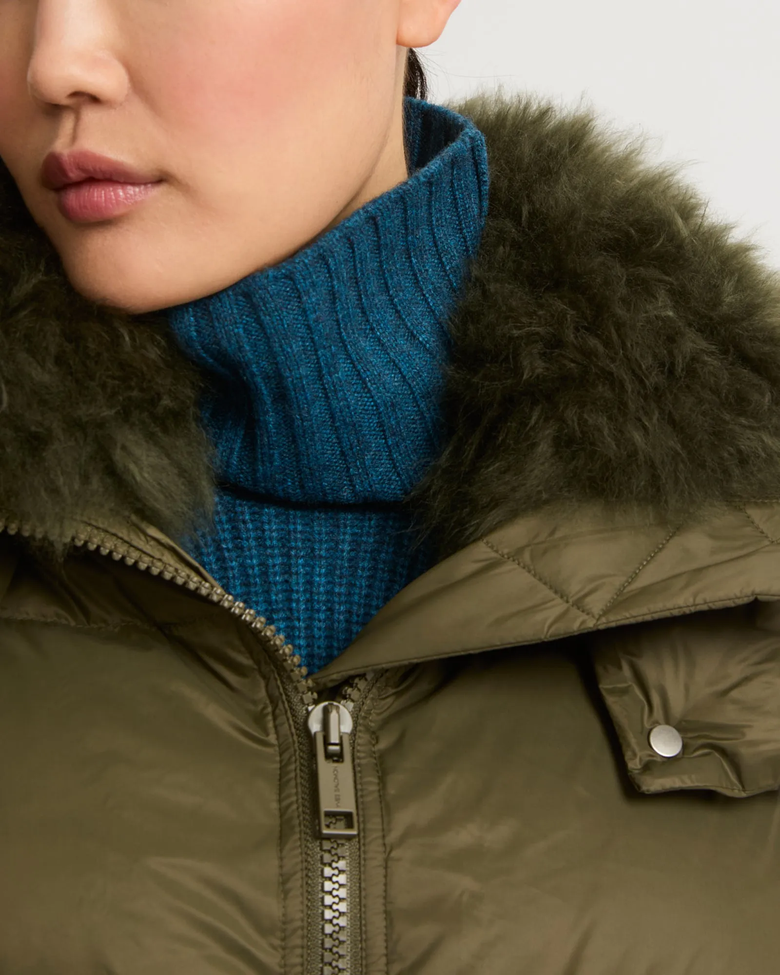 Iconic "A" line down jacket with lambswool collar