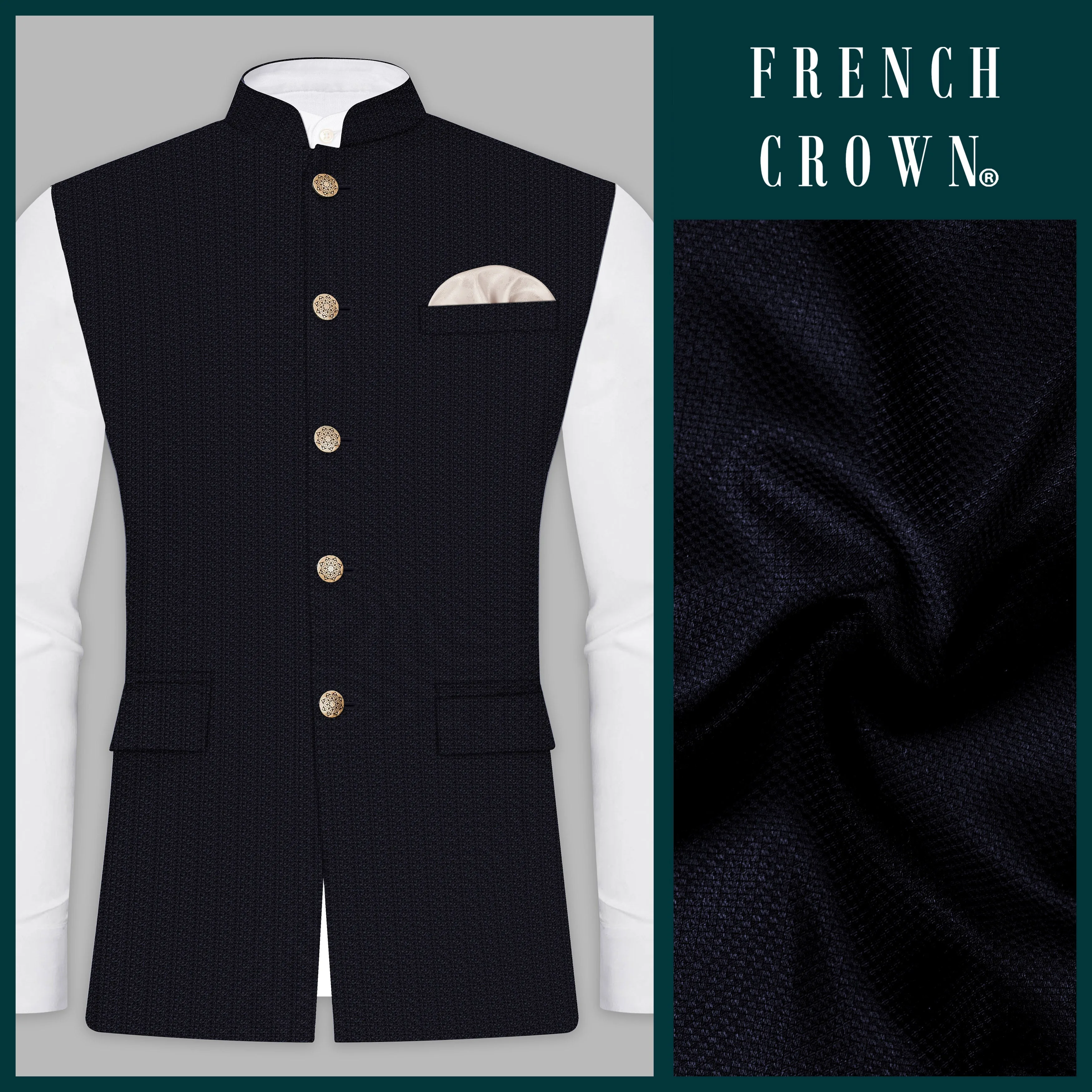 Indigo Prestige-French Navy Textured Wool Rich Nehru Jacket