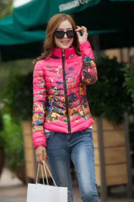 Jacket Slim Down Cotton Parkas Womens Flower Coats Plus Size Zippers Outerwear Woman Clothing LJ2761
