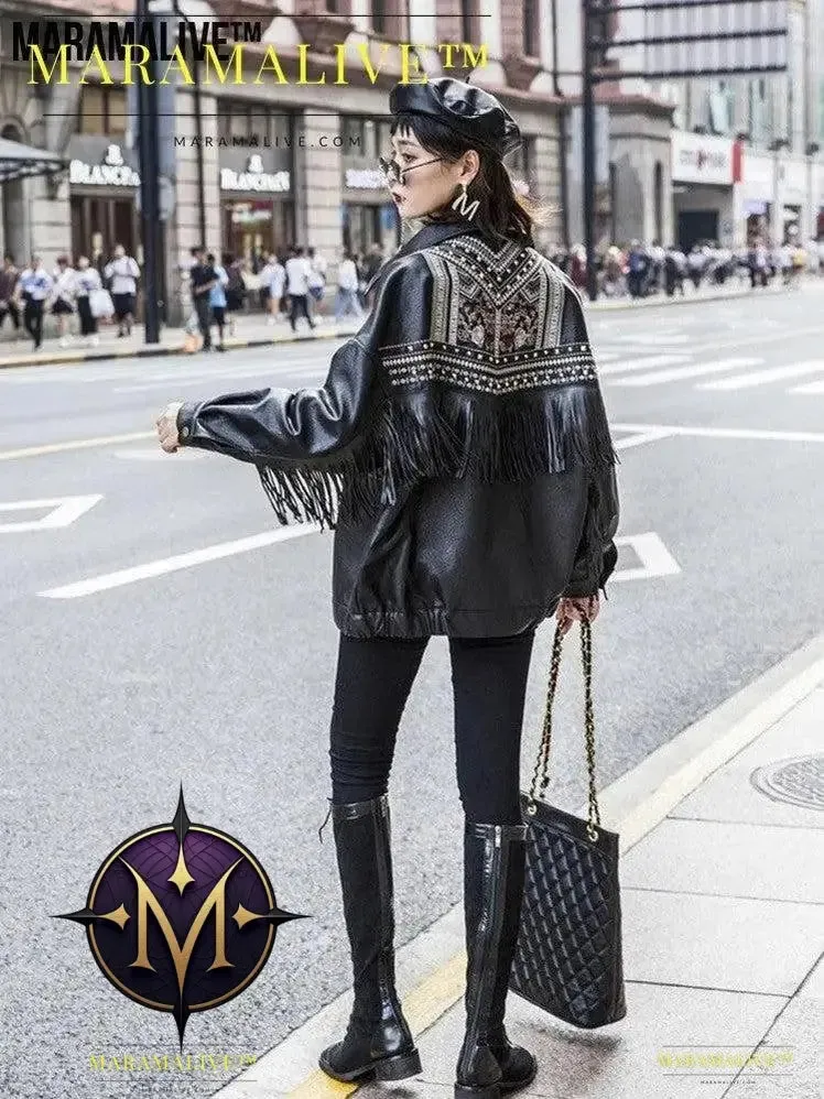 Ladies biker jacket leather- Embroidered, Tassels and Rivets
