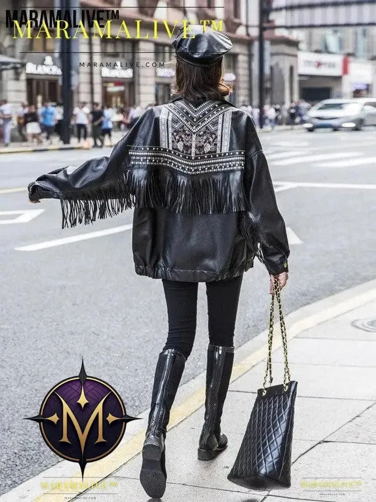 Ladies biker jacket leather- Embroidered, Tassels and Rivets