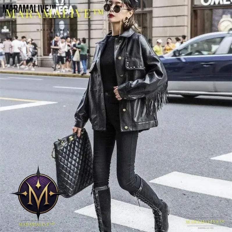 Ladies biker jacket leather- Embroidered, Tassels and Rivets
