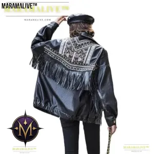 Ladies biker jacket leather- Embroidered, Tassels and Rivets