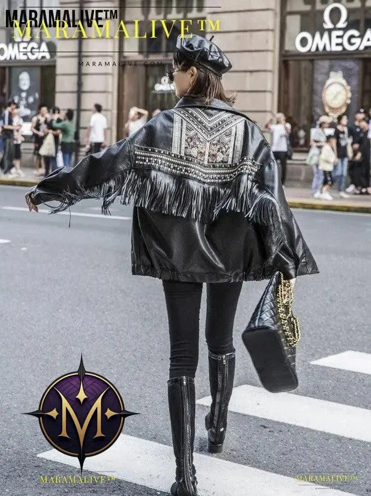 Ladies biker jacket leather- Embroidered, Tassels and Rivets