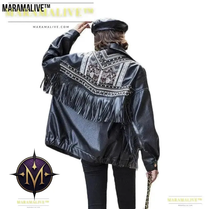 Ladies biker jacket leather- Embroidered, Tassels and Rivets