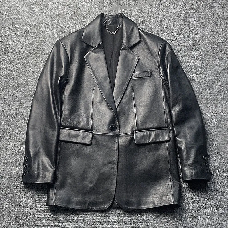 Lady Fashion Real Leather Long Jackets Female Sheepskin Coat Jacket Mid Length Outwear Spring Autumn Blazer TF4778